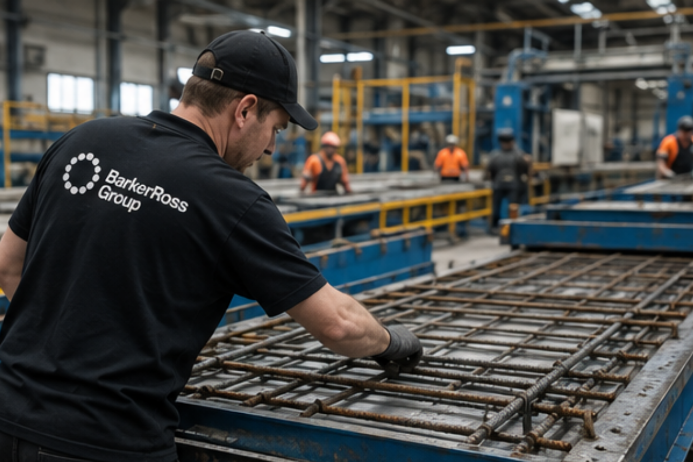 Worker in black shirt handling steel rebar in an industrial factory assembly line