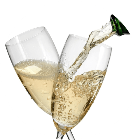 Two champagne flutes clinking, one filled and one being poured with sparkling wine