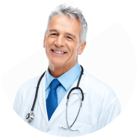 Smiling doctor in a white coat with a stethoscope on a light background