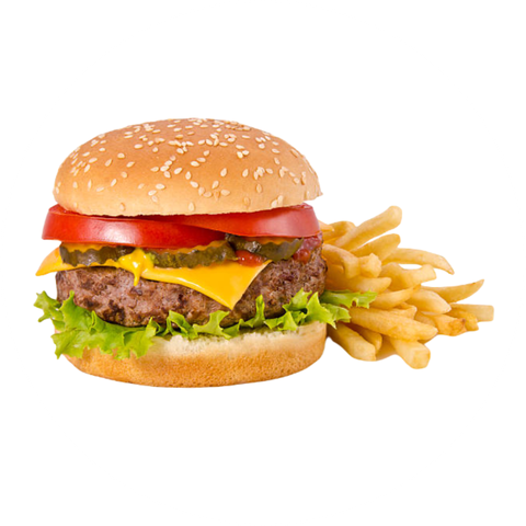Cheeseburger with lettuce, tomato, and fries on a white background