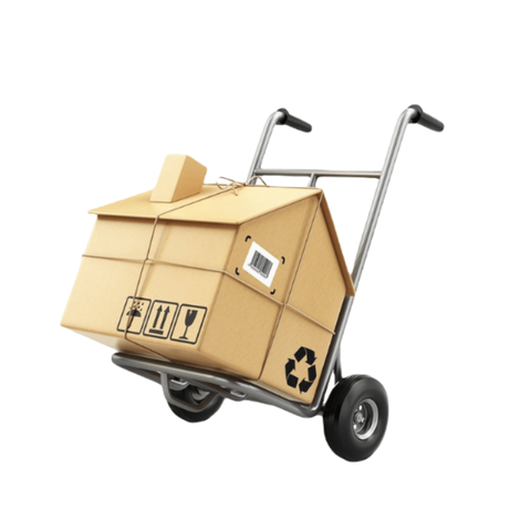 Hand truck carrying a cardboard box marked fragile and recyclable, isolated on white background