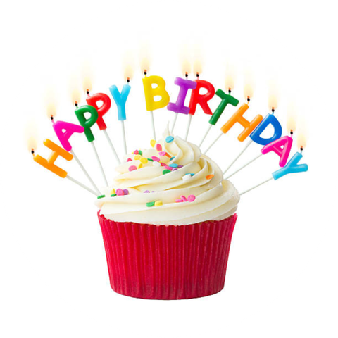 Birthday cupcake with white frosting and colorful candle letters spelling “HAPPY BIRTHDAY”