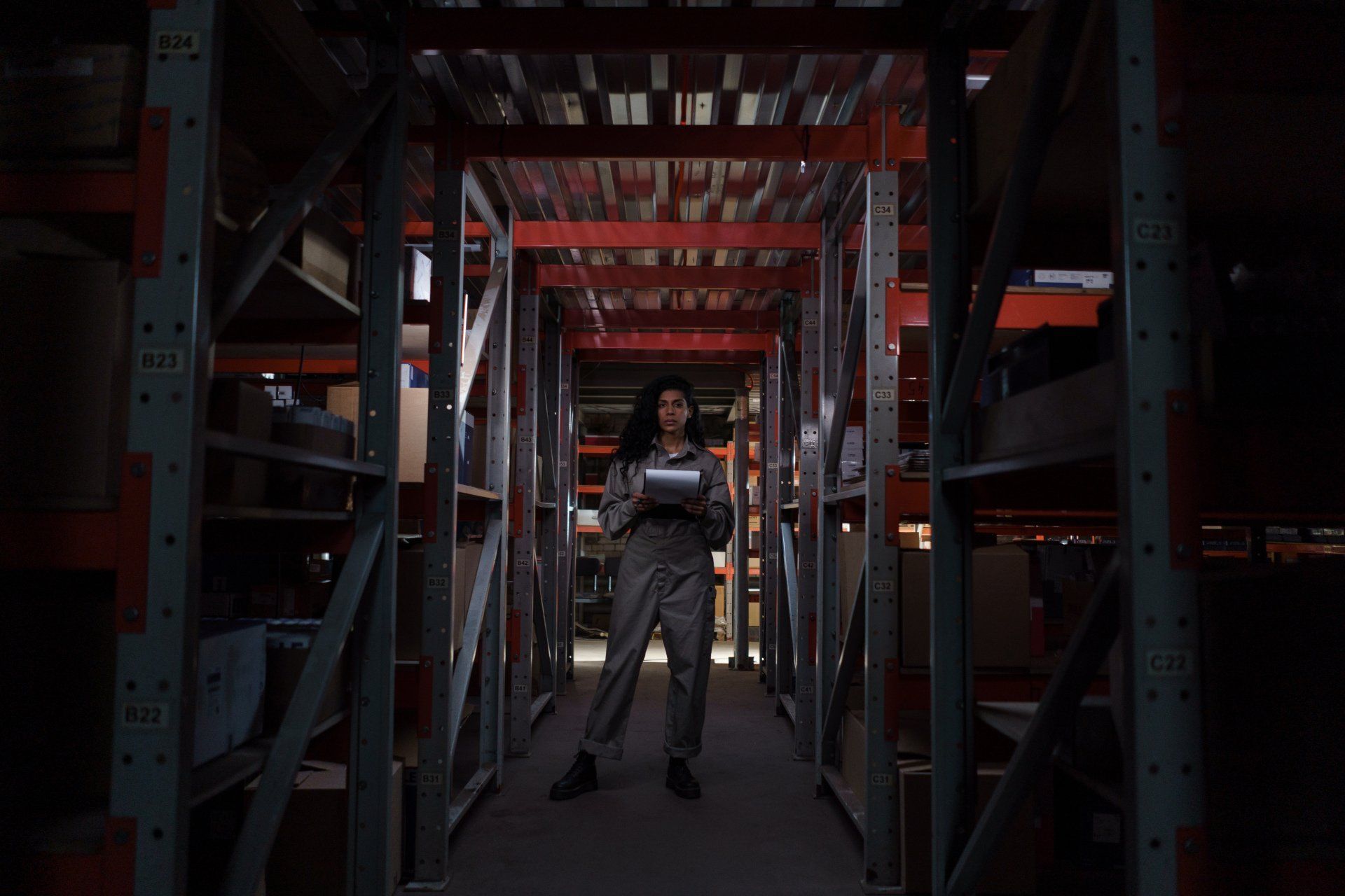 Person standing in a dim warehouse aisle between tall metal shelving units, holding a device.