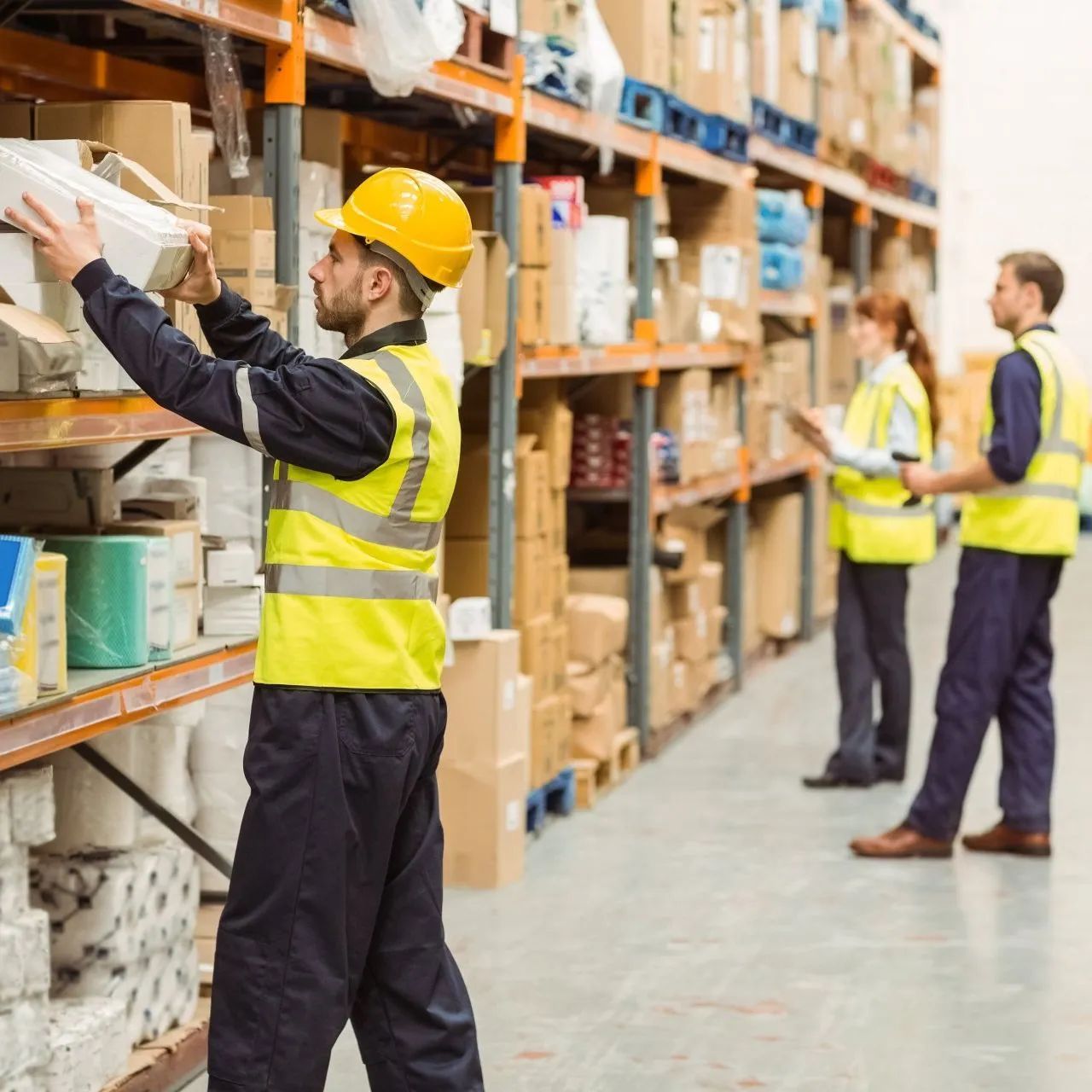 Warehouse workers in safety vests and hard hats stocking shelves with boxes and supplies