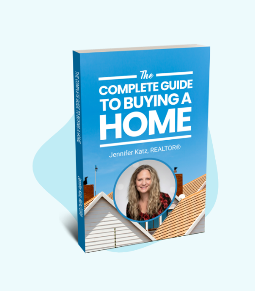Blue ebook cover titled “The Complete Guide to Buying a Home” with a house graphic and author portrait