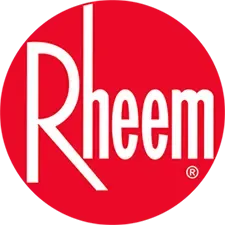 The Rheem brand logo: white text reading "Rheem" in a stylized font inside a solid red circle.