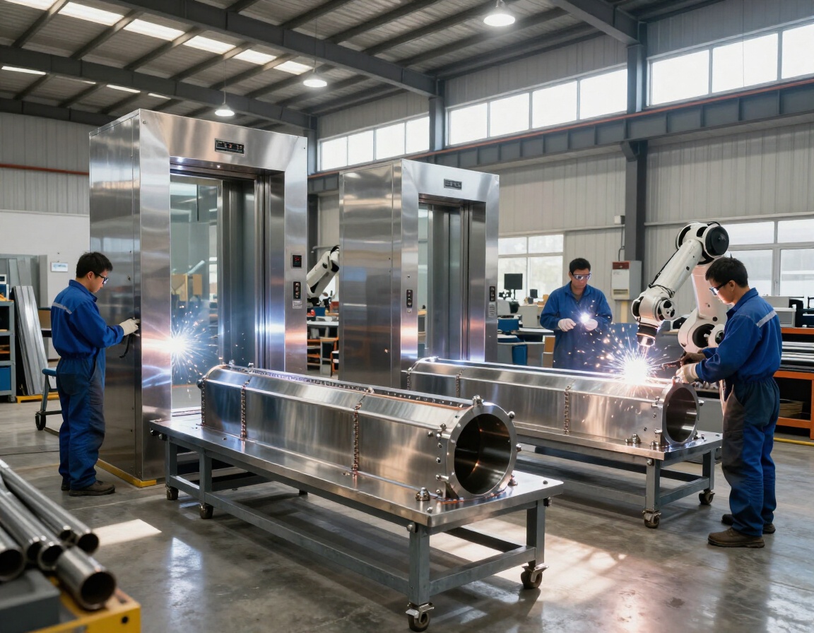 Trabajadores soldando una gran estructura metálica en un luminoso taller industrial.