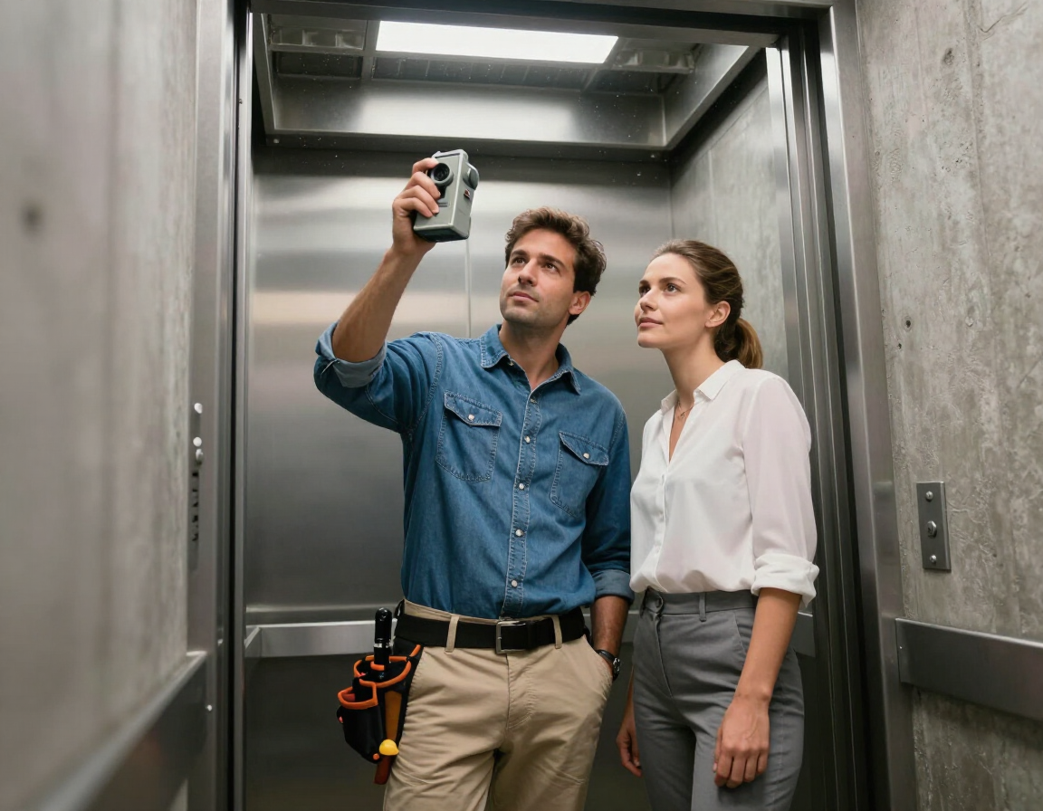 Dos personas inspeccionan el interior de un ascensor metálico; una sostiene un dispositivo mientras la otra observa.