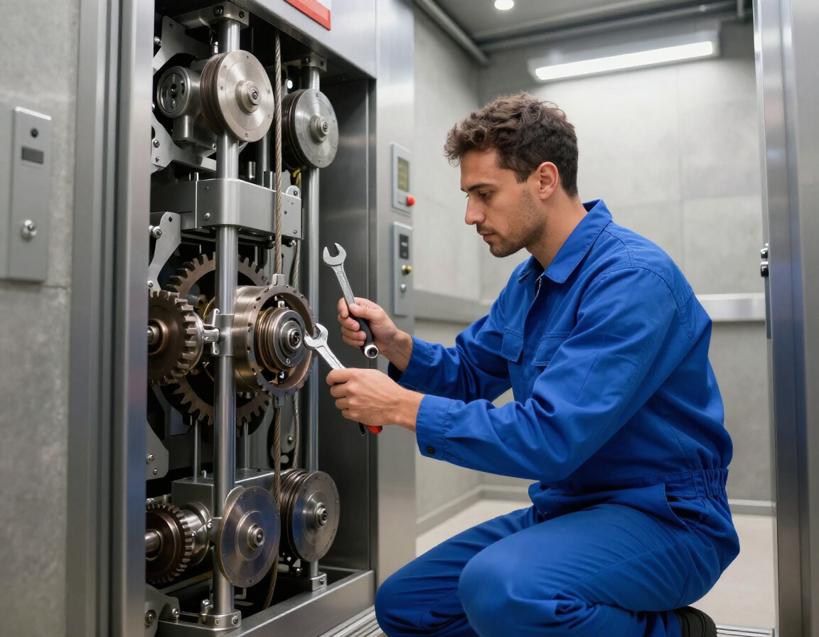 Un técnico con mono azul repara maquinaria dentro de una sala de equipos industriales.