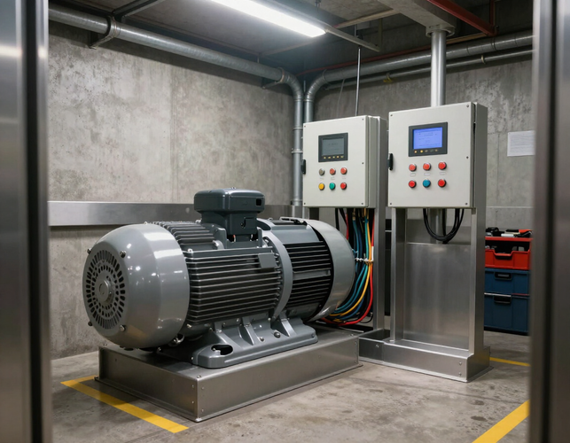 Motor eléctrico industrial y paneles de control en una nave industrial, con cableado y maquinaria metálica sobre un suelo de hormigón.