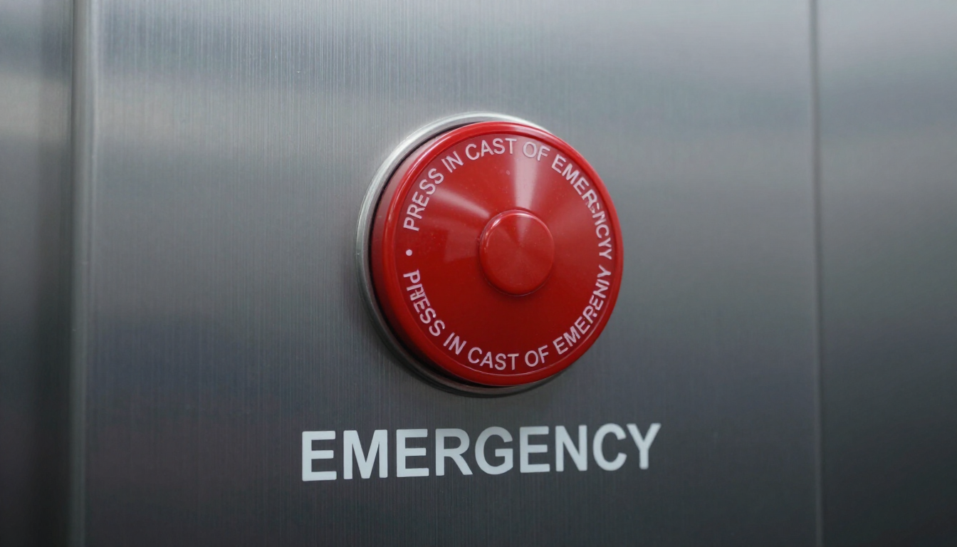 Botón de emergencia rojo en un panel metálico con la etiqueta “EMERGENCIA”.