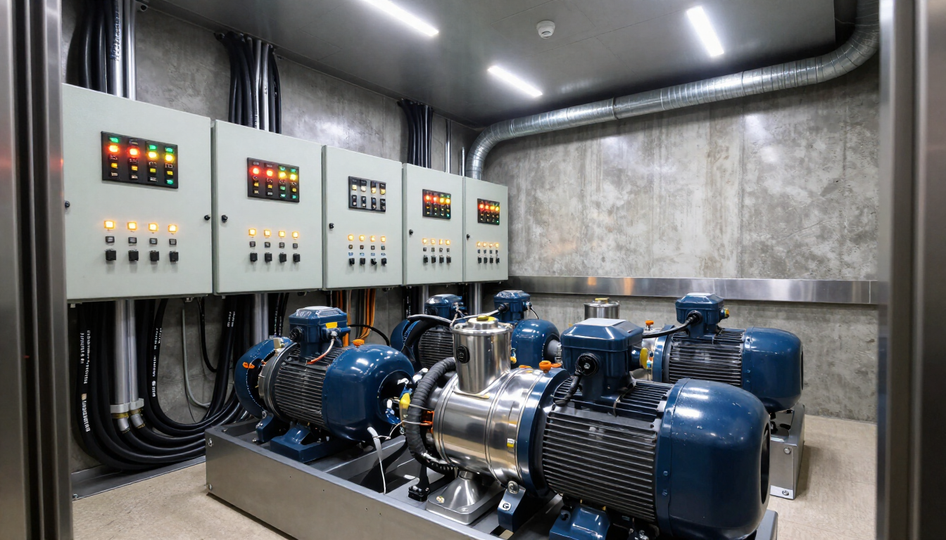 Sala de bombas industrial con maquinaria azul, paneles de control y tuberías aéreas.