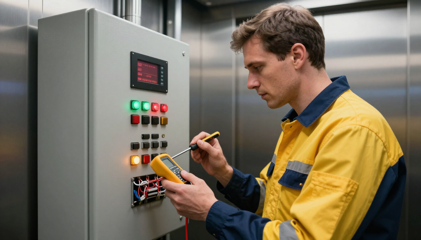 Técnico con chaqueta amarilla probando un panel de control con un medidor portátil en una sala industrial.