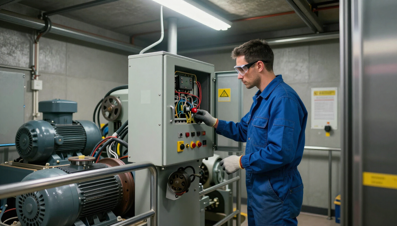 Técnico ajustando un panel de control eléctrico en una sala de maquinaria industrial.