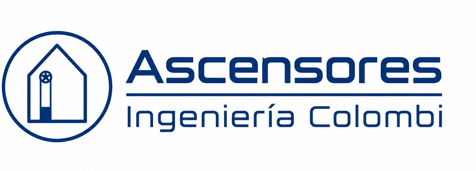 Logo de Ascensores Ingeniería Colombo, con ícono azul de ascensor y texto azul sobre fondo blanco