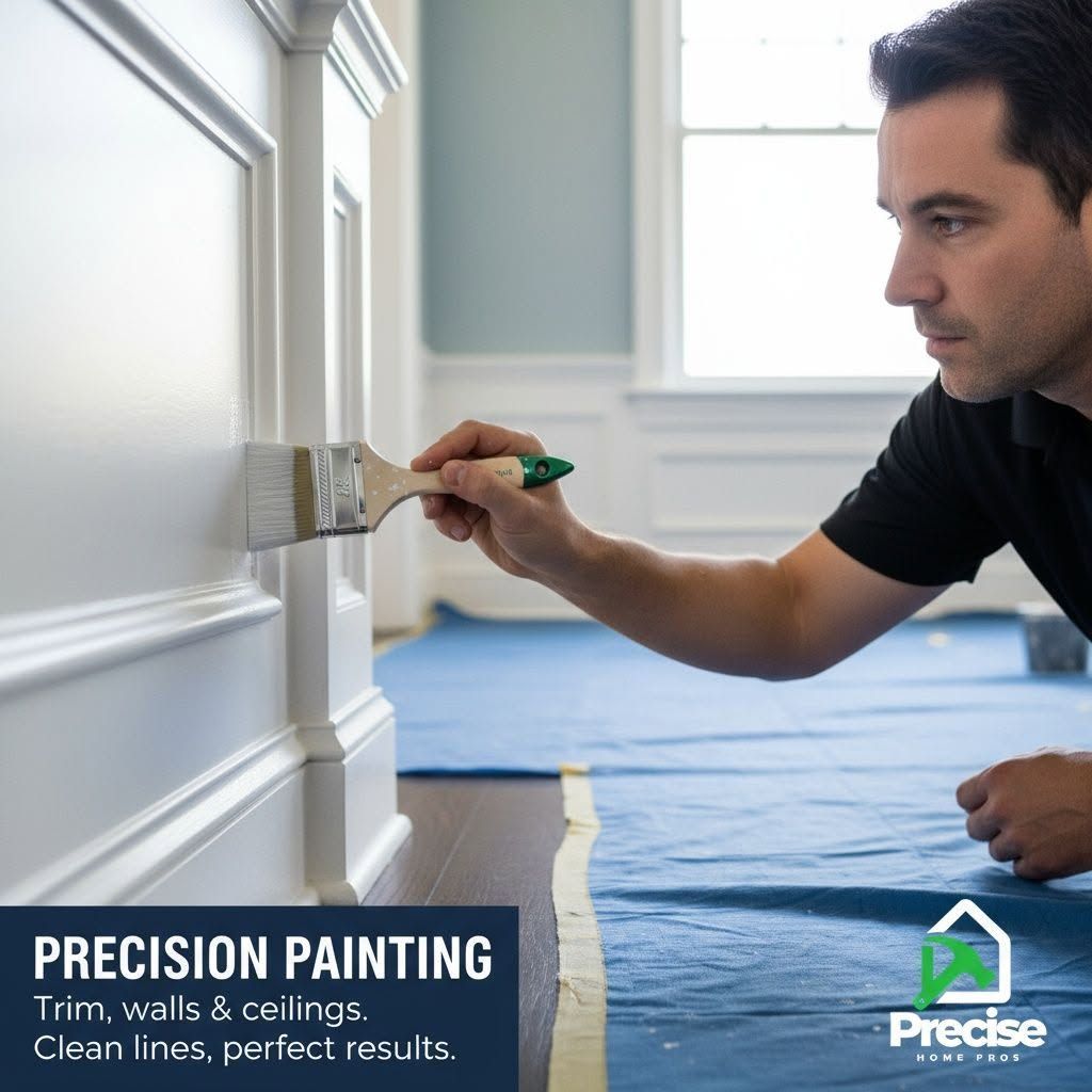 Painter applying white paint to wall trim in a bright room with blue floor protection.