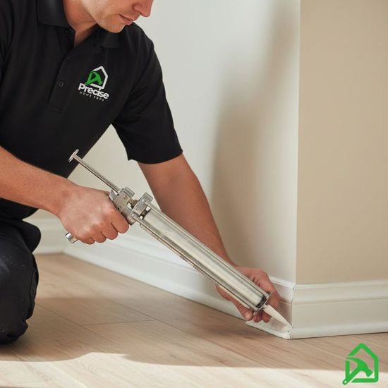 Technician caulking baseboard seam in a room with a caulking gun.