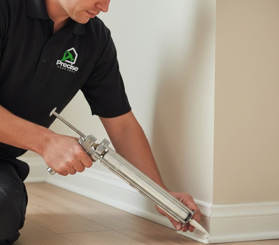 Technician caulking baseboard seam in a room with a caulking gun.