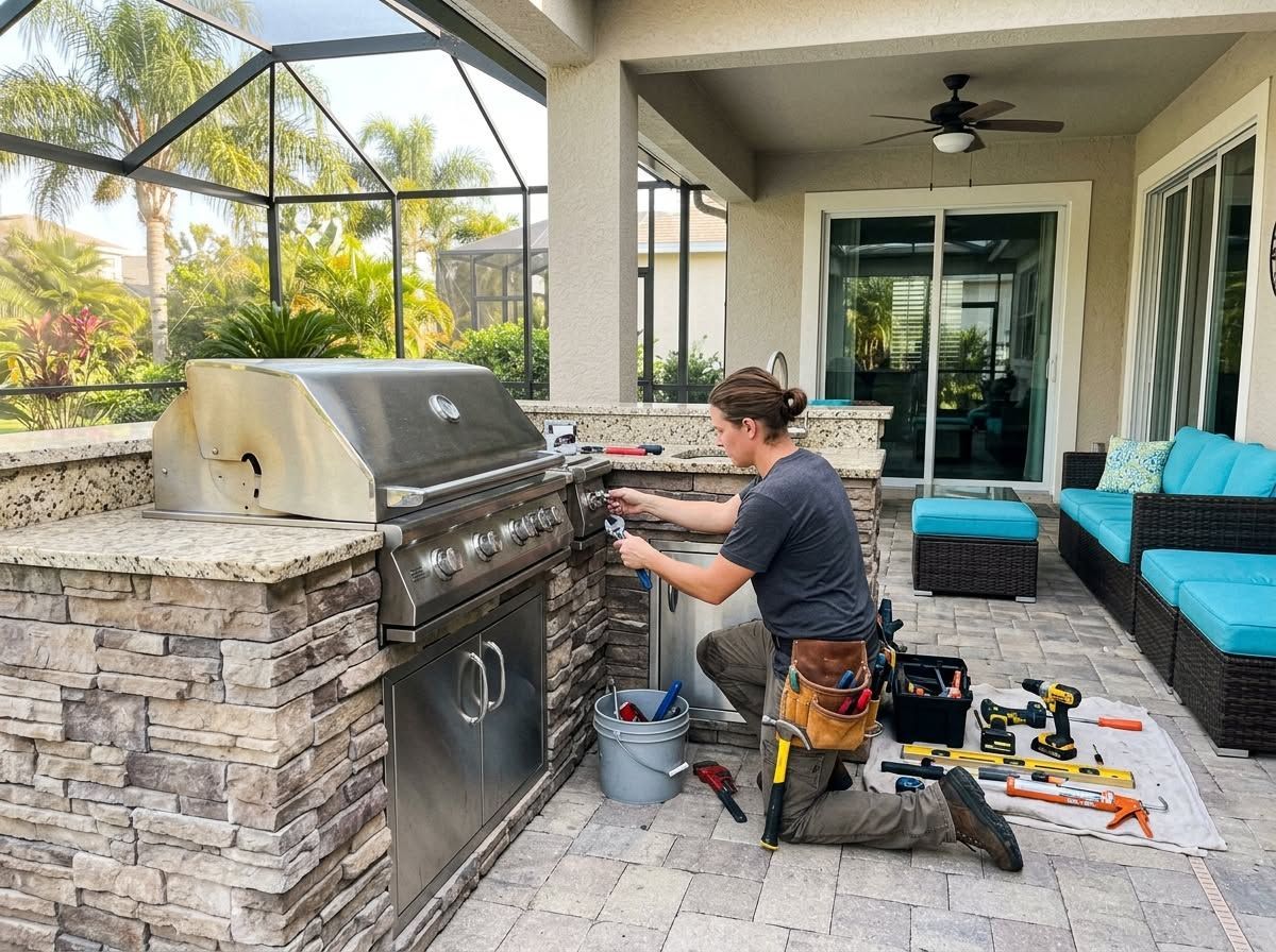 Person kneels beside a stainless grill on a patio, using tools to clean or repair it near outdoor seating.
