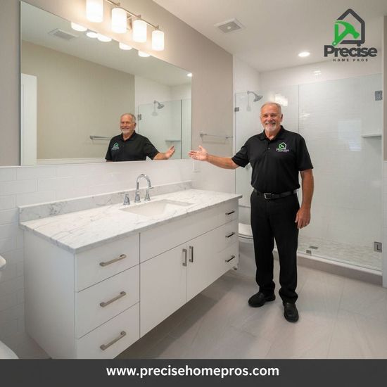 Man in black uniform standing in a bright modern bathroom with a double vanity and large mirror