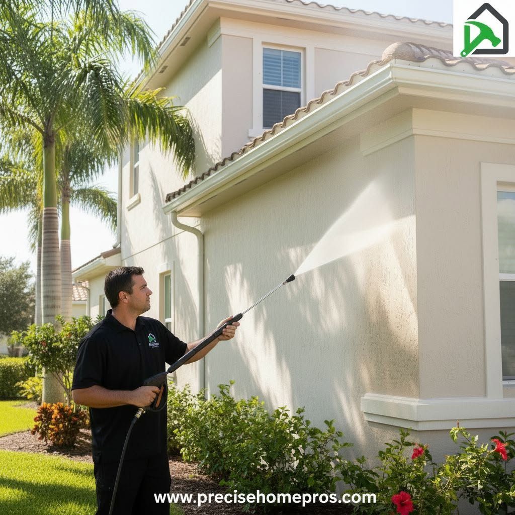 Worker pressure washing a beige house exterior beside palm trees and flower beds