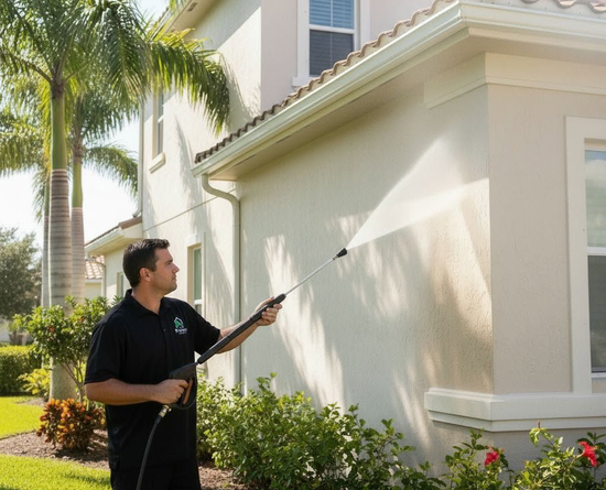 Worker pressure washing a beige house exterior beside palm trees and flower beds