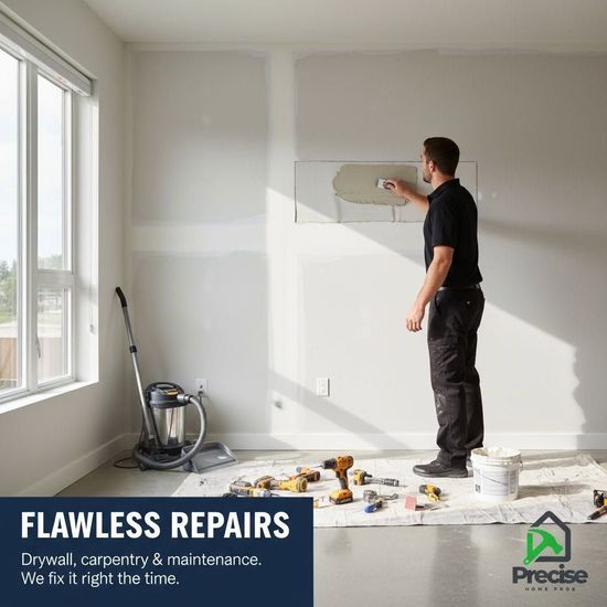 Painter patching a white wall in a bright room with tools on the floor and a window on the left