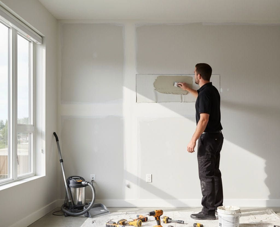 Painter patching a white wall in a bright room with tools on the floor and a window on the left