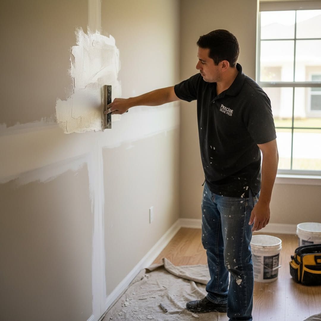 Man patching and painting drywall in a bright room, with tools and paint buckets nearby