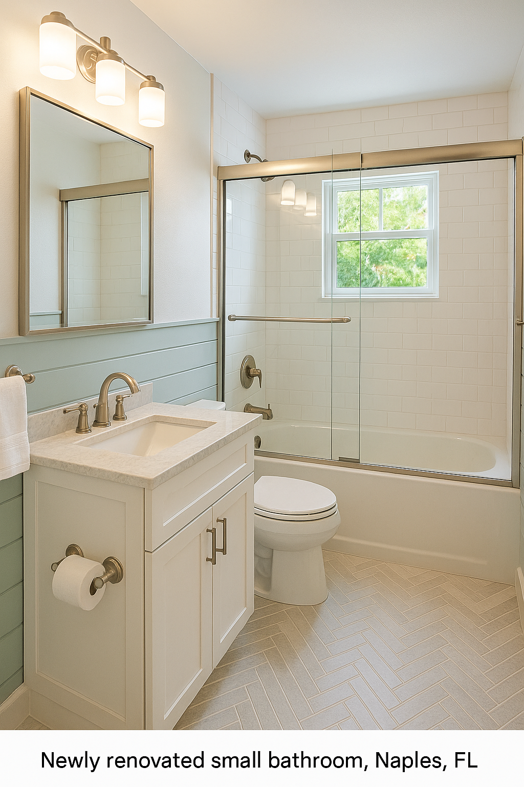 Renovated small bathroom with white vanity, mirror, tub, and window in Naples, FL