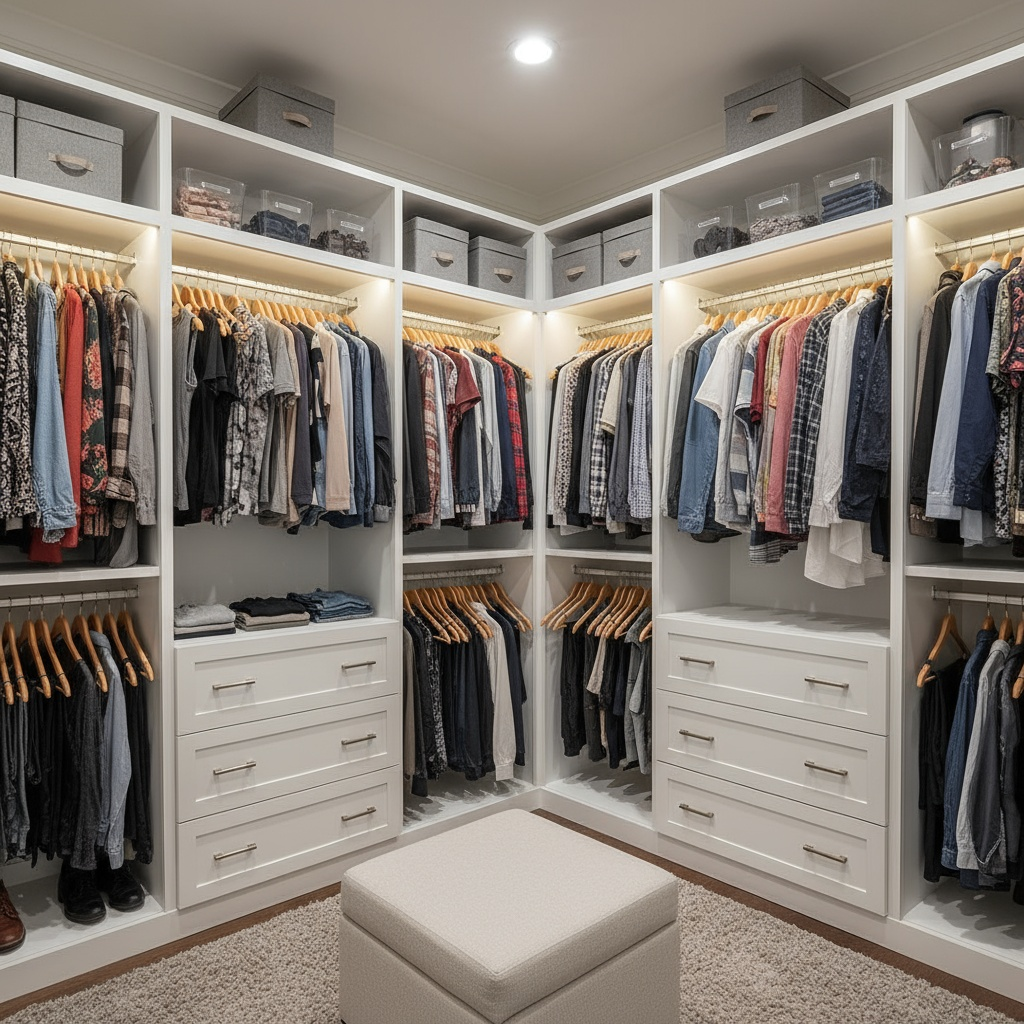Bright walk-in closet with white shelves, hanging clothes, drawers, and a beige ottoman center stool