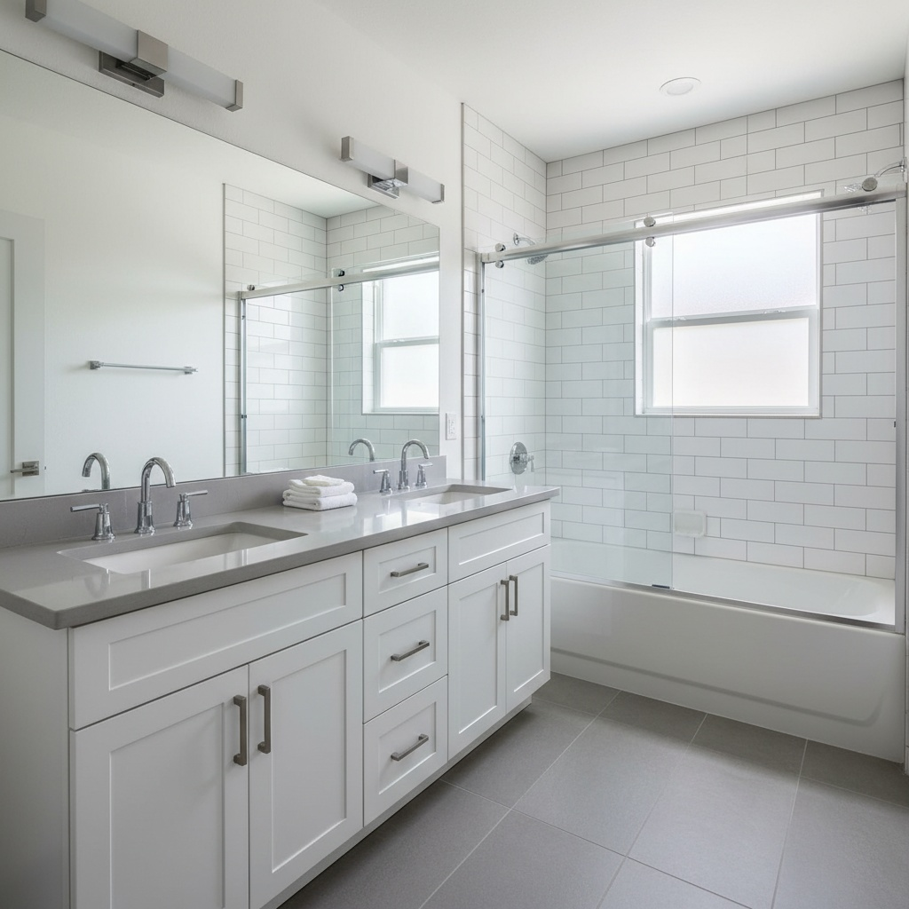 Bright modern bathroom with double vanity, large mirror, and tiled shower-tub combo