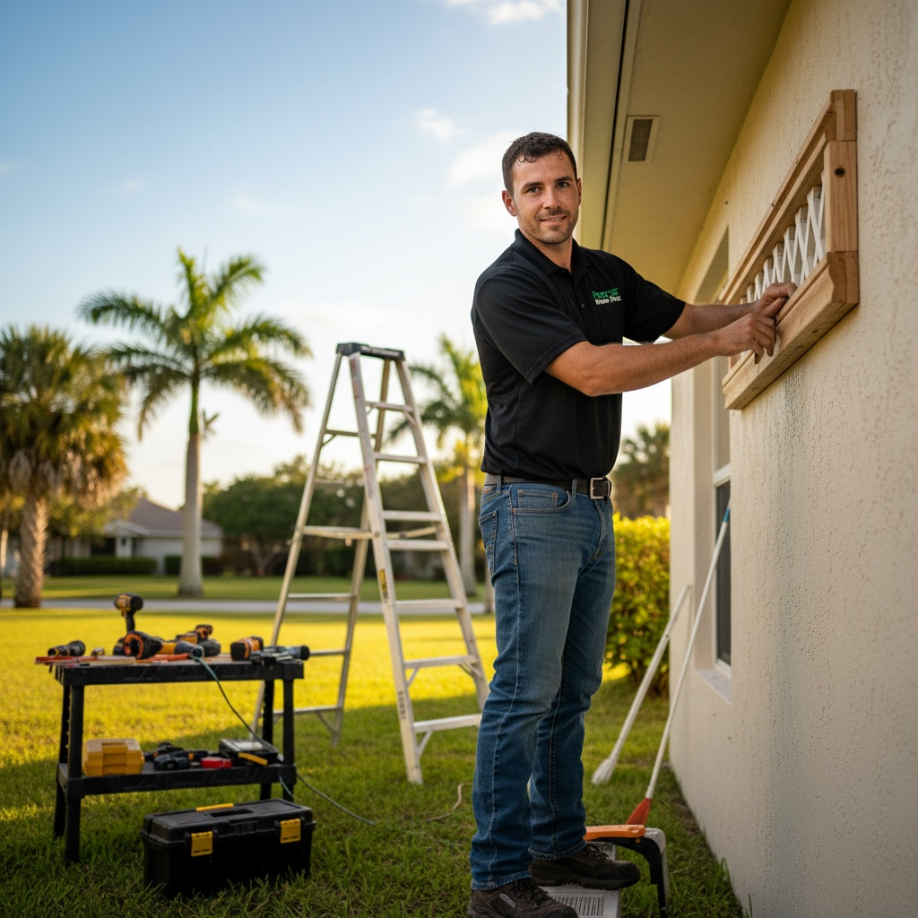 Man installing a wooden window frame on a house exterior, with ladder and tools in the yard