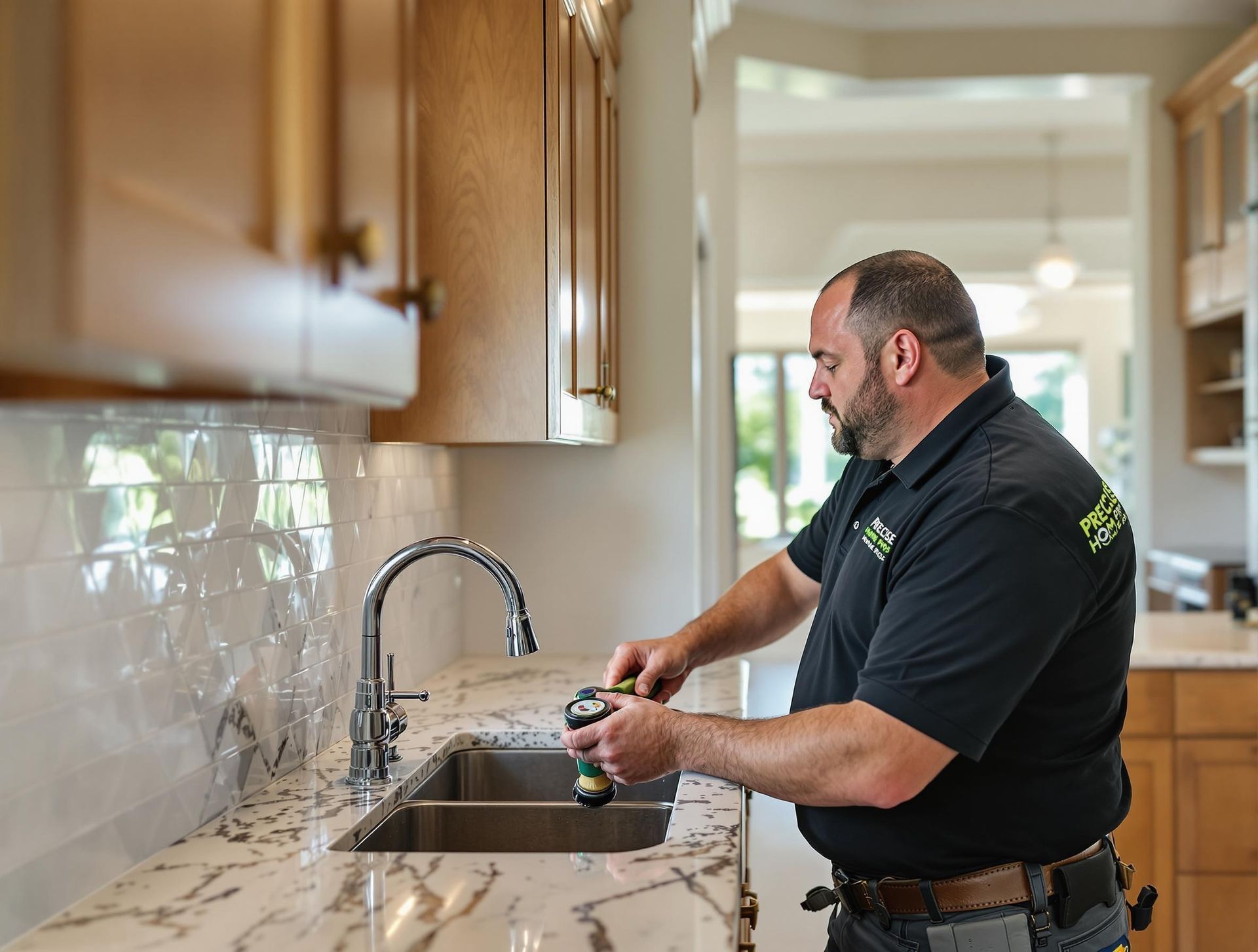 Technician repairing a kitchen faucet at a granite sink in a bright home kitchen