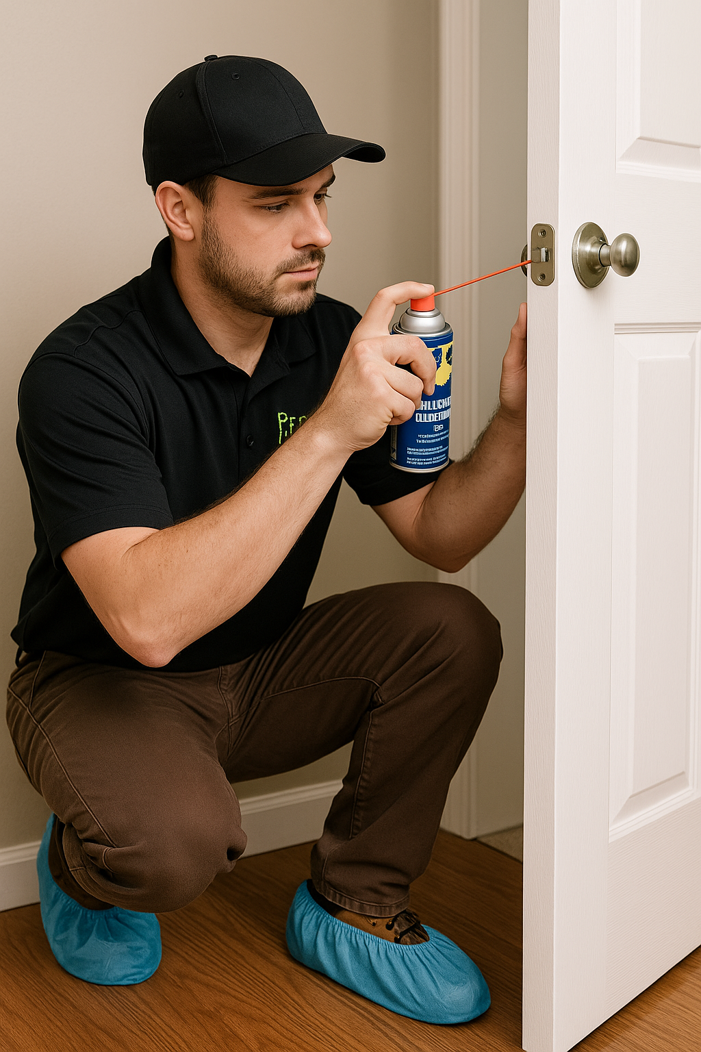 Man crouching by a white door, spraying the brass doorknob with cleaner while holding it open