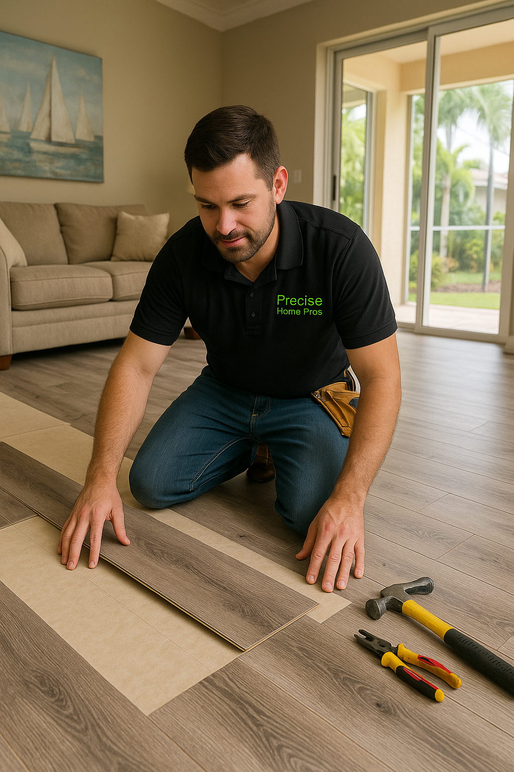 Technician installing beige carpet in a living room with tools beside him.