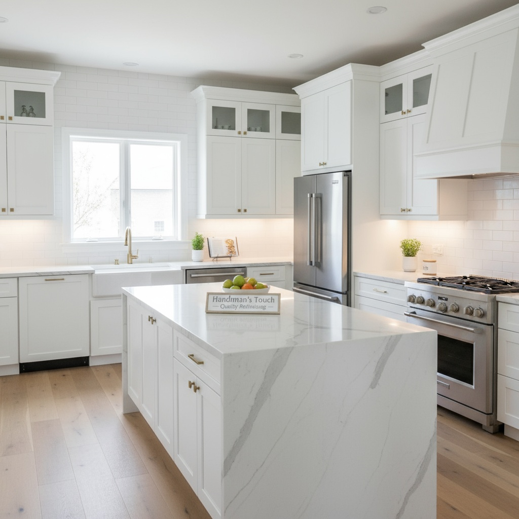 Bright white modern kitchen with marble island, stainless steel appliances, and sunlit windows