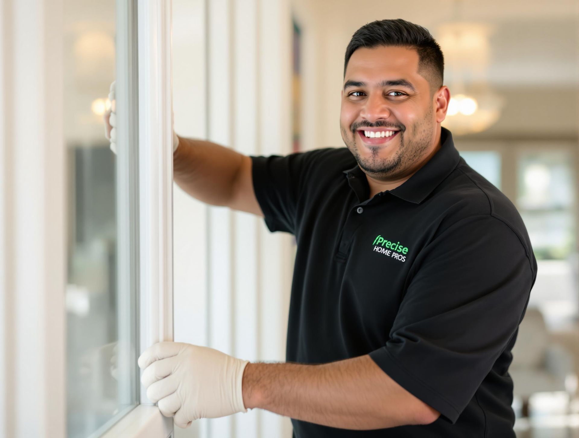 Smiling worker in black polo and gloves installing a window frame indoors