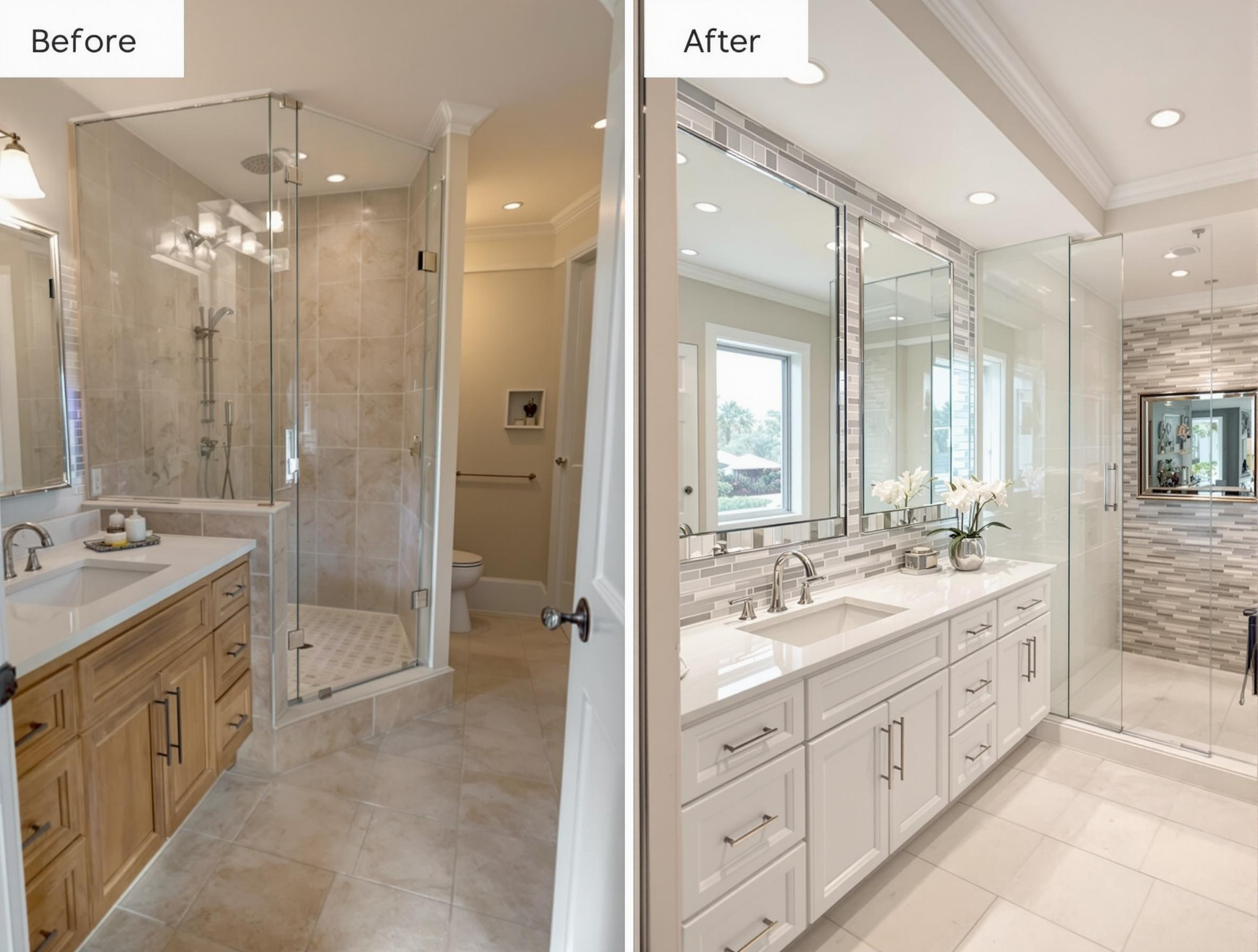 Before-and-after bathroom remodel showing a dated tub area updated to a bright, white modern shower and vanity.