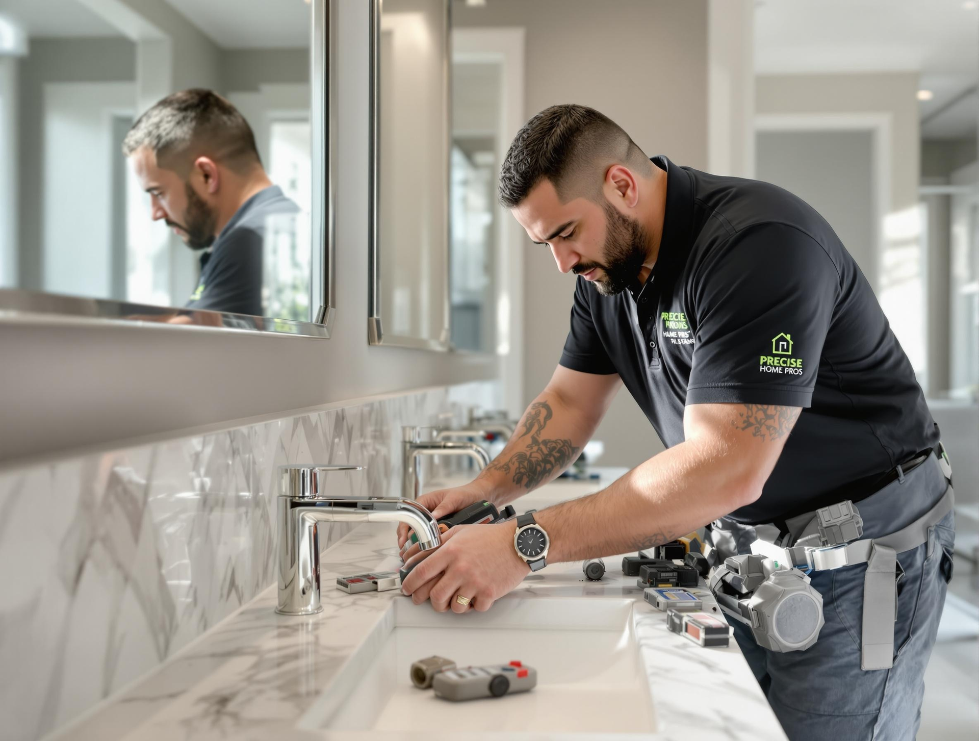 Plumber fixing a bathroom sink faucet in a modern bathroom, with tools on the counter.