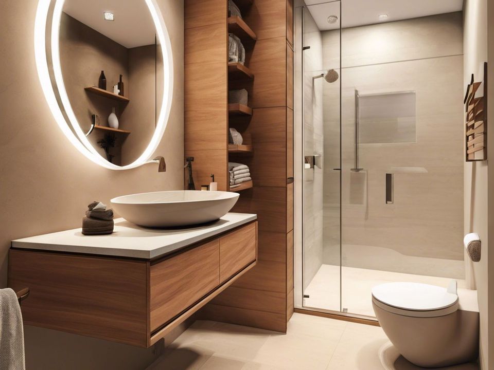 Modern bathroom with wood vanity, oval mirror, glass shower, and white toilet; warm beige finishes
