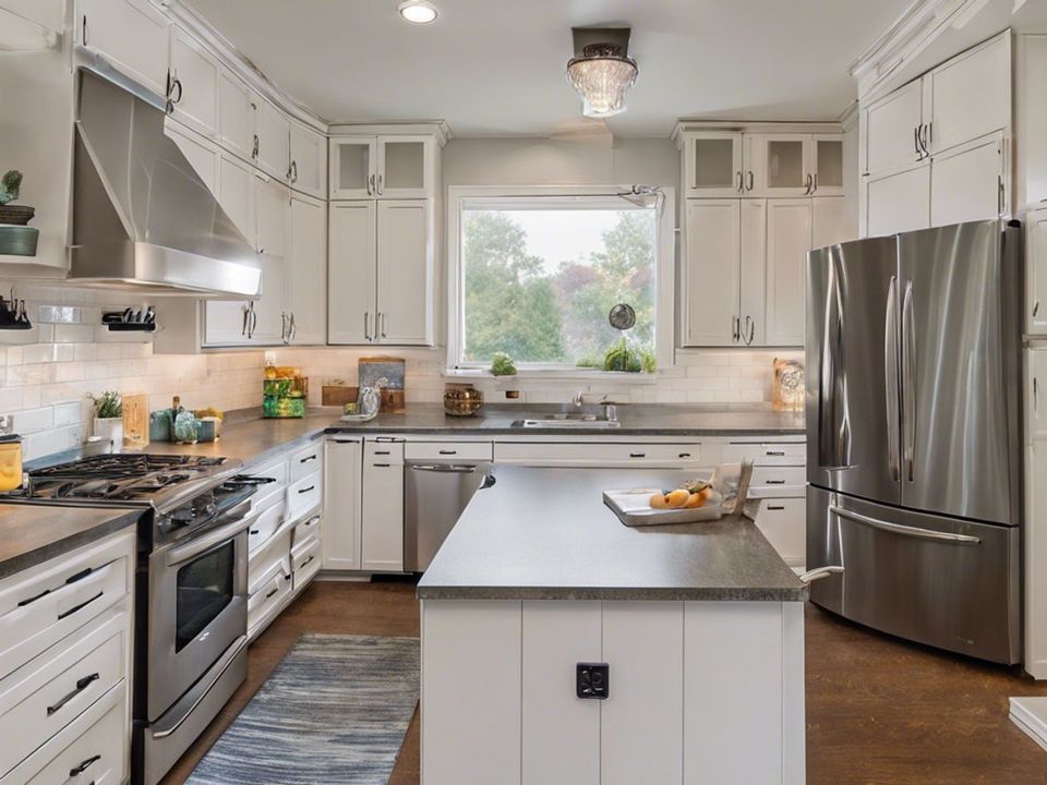 Bright modern kitchen with white cabinets, stainless appliances, and a central island