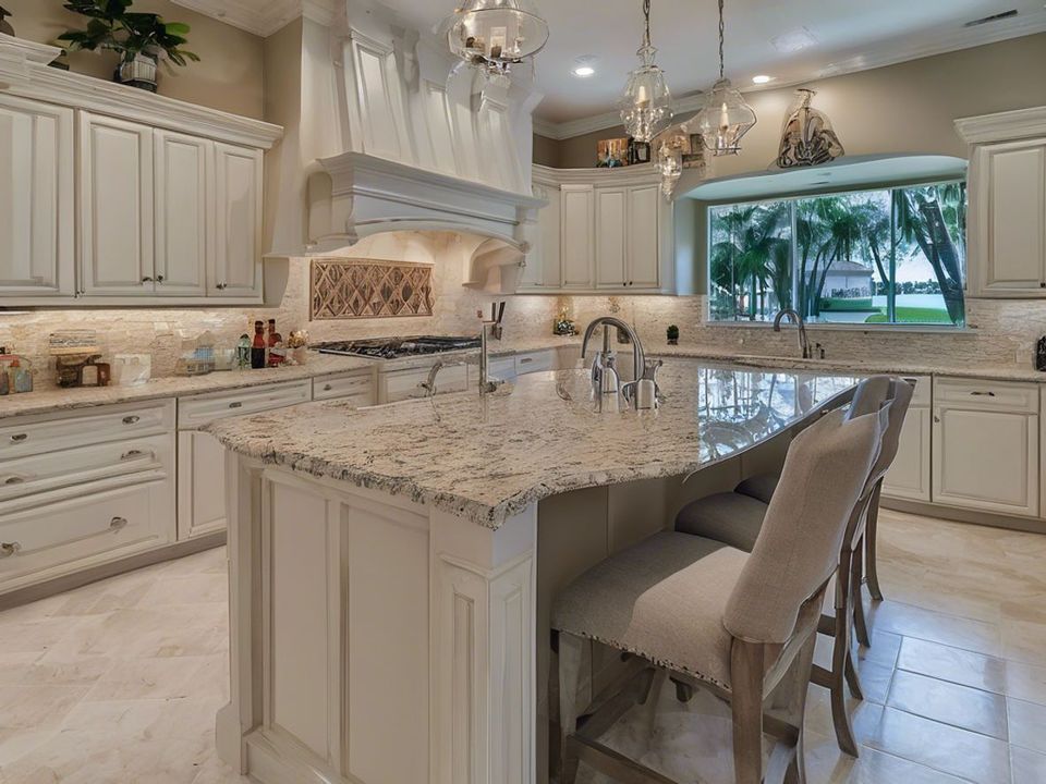 Elegant white kitchen with granite island, bar stools, pendant lights, and a large window view of palm trees