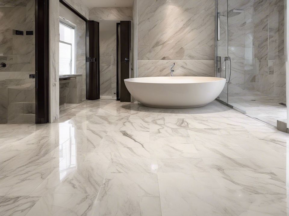 Modern marble bathroom with a freestanding oval tub and glass shower enclosure