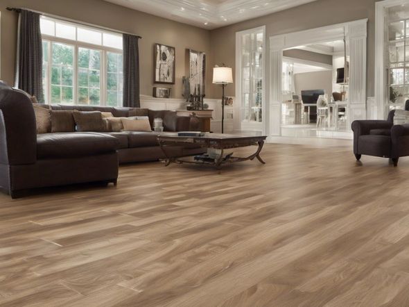 Spacious living room with brown sofas, large windows, and light wood flooring