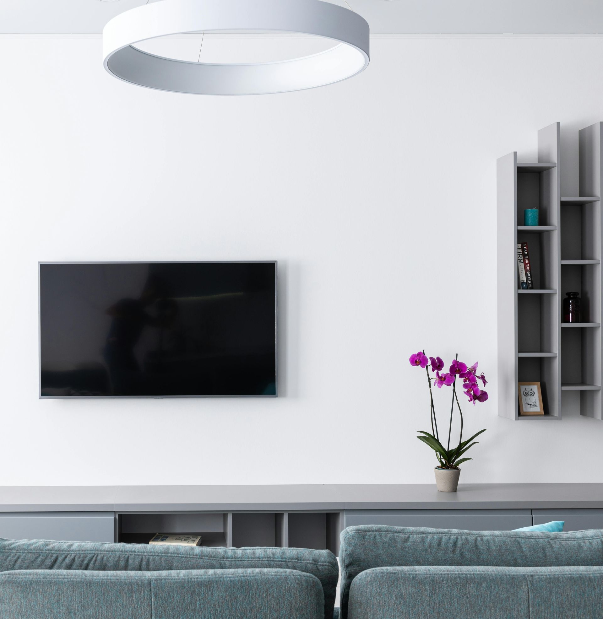Modern living room with wall-mounted TV, round ceiling light, gray sofa, and purple orchid on a white shelf