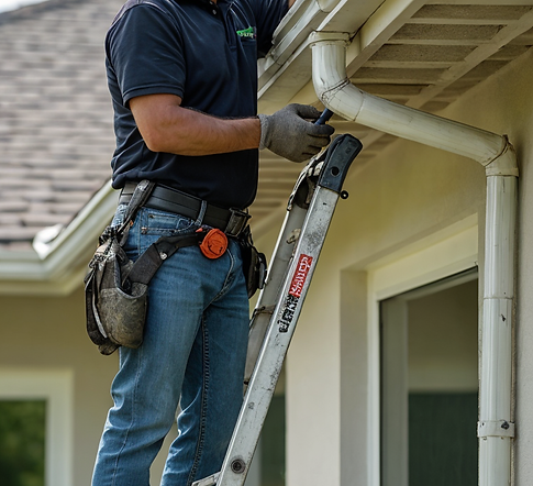 Worker on a ladder cleaning a gutter beside a house under the eaves