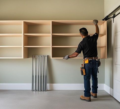 Worker installing wall-mounted wooden shelves in a bright room