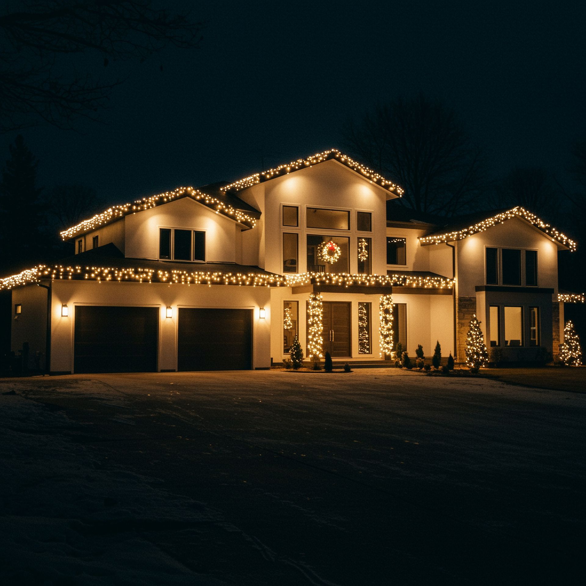 Two-story house at night, warmly lit with white Christmas lights along the roofline and garage.