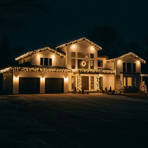 Two-story house at night, warmly lit with white Christmas lights along the roofline and garage.